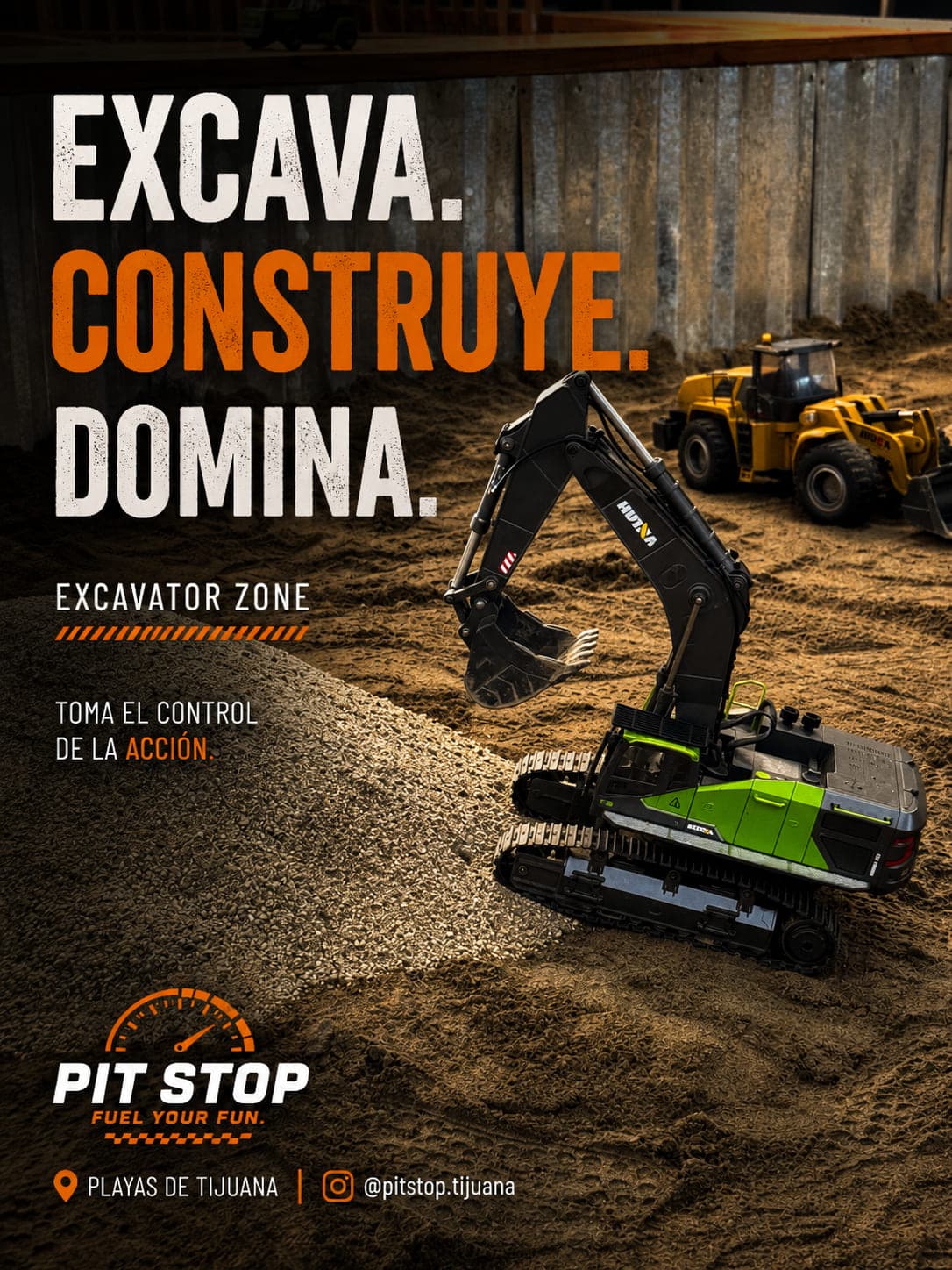 Póster del Excavator Zone de Pit Stop: DIG. TAKE CONTROL. sobre excavadoras Volvo a control remoto trabajando la fosa de arena.