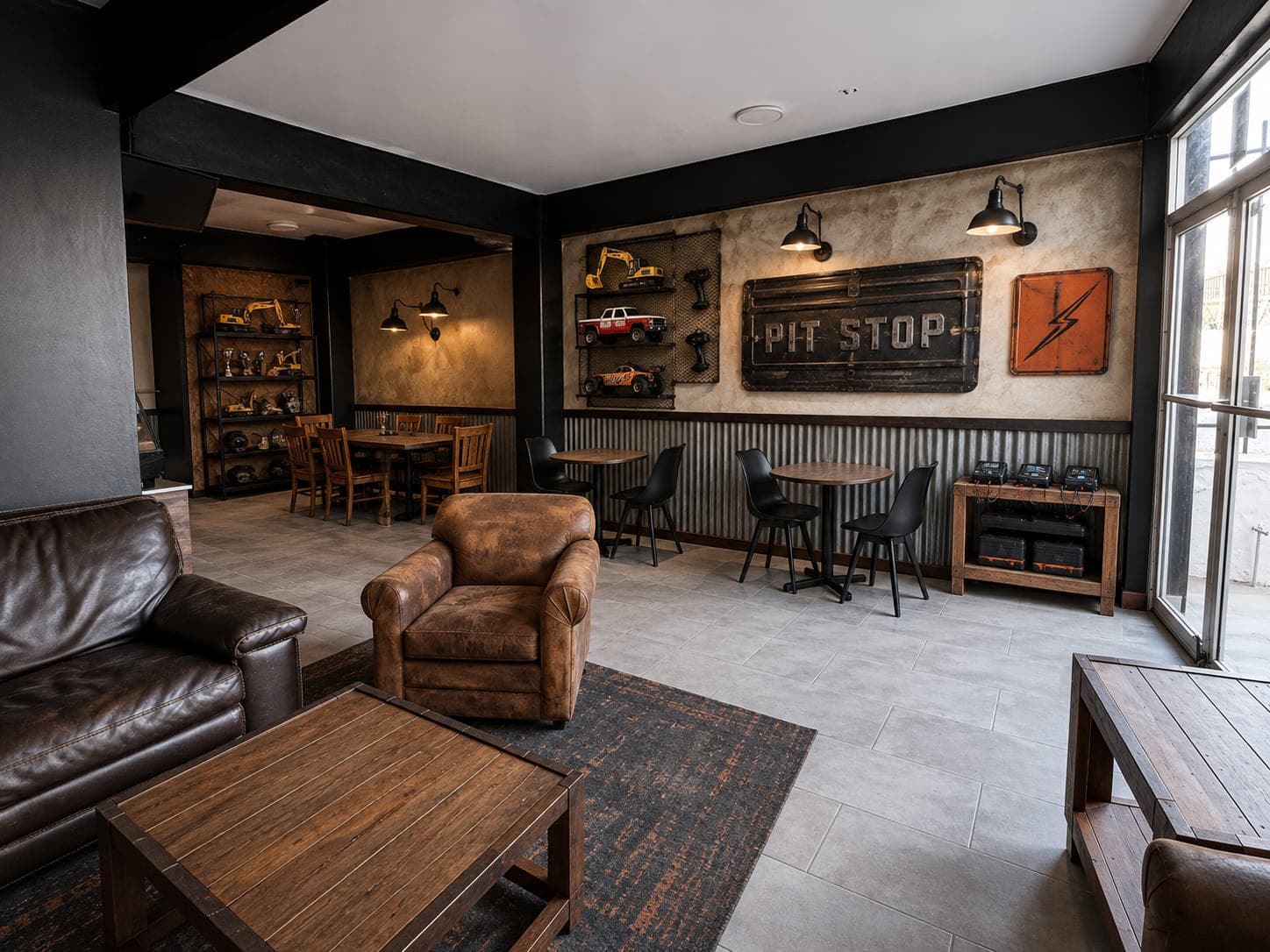 La sala de Pit Stop: sillones de piel y una mesa baja de madera, mesas de café al fondo, un letrero antiguo de PIT STOP en la pared y un banco de cargadores de batería.