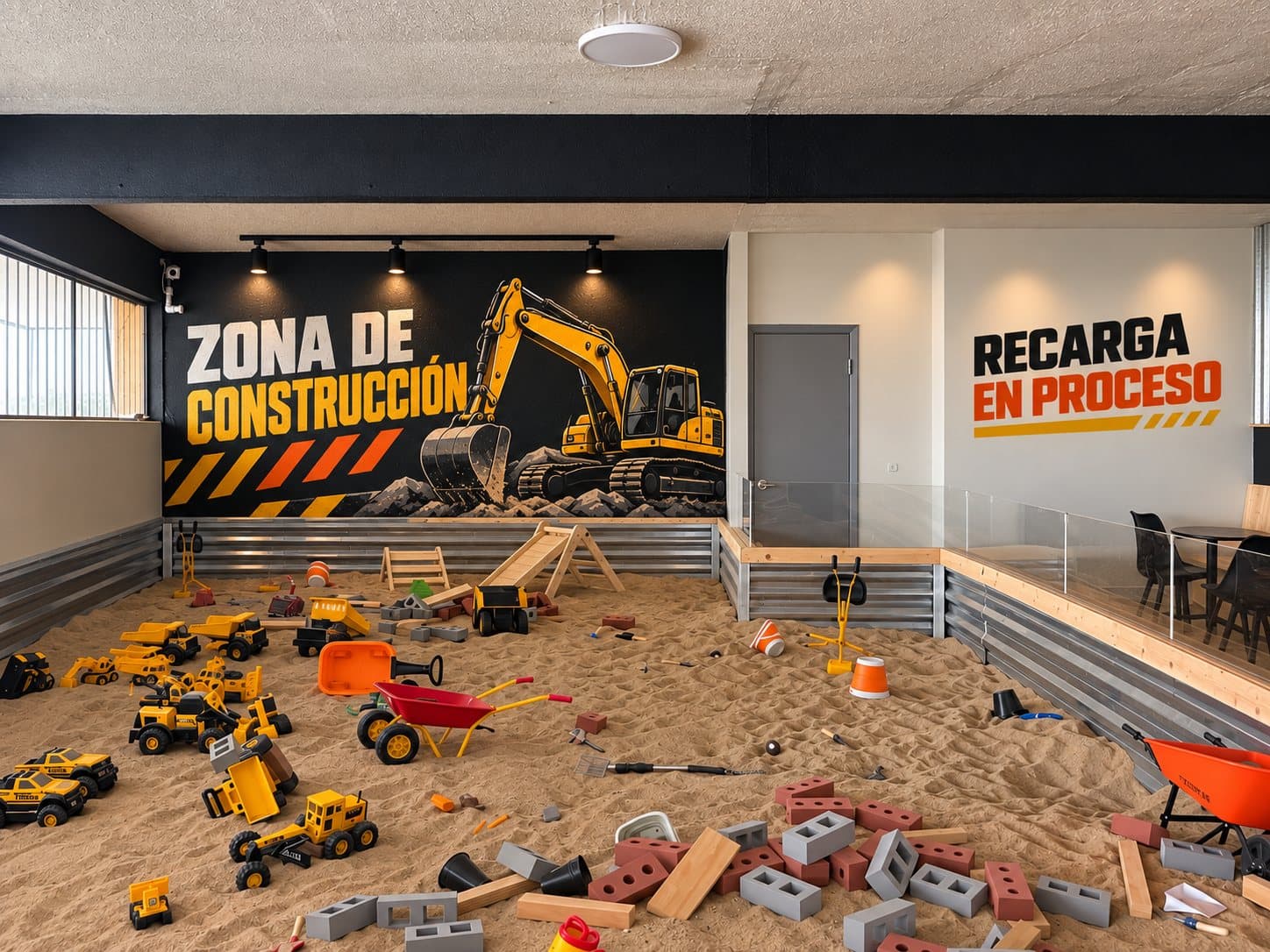 La fosa de arena de Pit Stop vista completa: volteos y cargadores de juguete, carretillas, tabiques y bloques de construcción regados sobre la arena, con el mural ZONA DE CONSTRUCCIÓN y su excavadora amarilla en la pared del fondo.