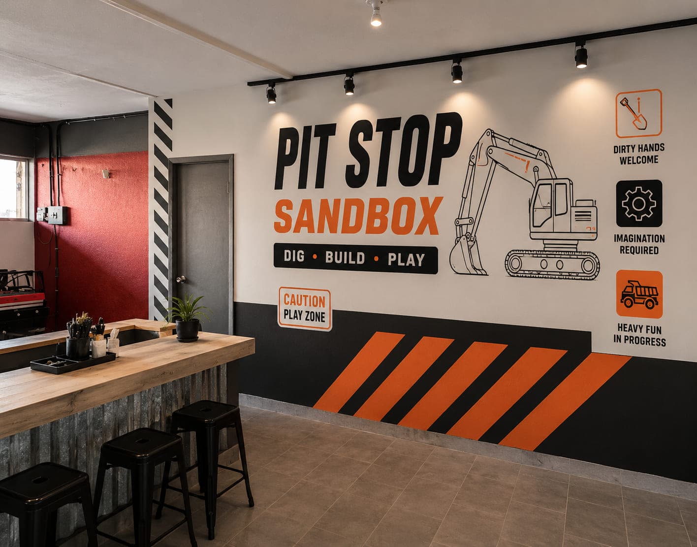 El cuarto Sandbox de Pit Stop: el mural PIT STOP SANDBOX con la línea DIG, BUILD, PLAY junto a una excavadora dibujada, y una barra de madera con bancos al frente.