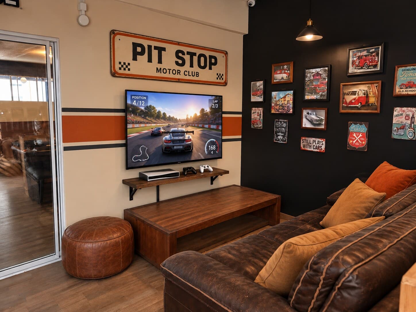 La sala de Pit Stop: un sofá de piel con cojines naranja y mostaza, una mesa baja de madera, una pantalla con un videojuego de carreras, el letrero PIT STOP MOTOR CLUB en la pared y el muro negro con cuadros y placas de autos.